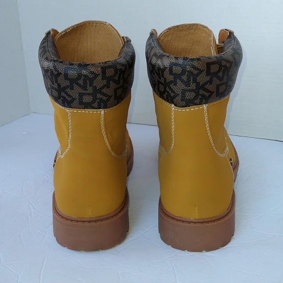 DKNY Miles Yellow Combat Moto Ankle Boots Faux Suede Lace-Up Size 8.5 - Picture 5 of 12
